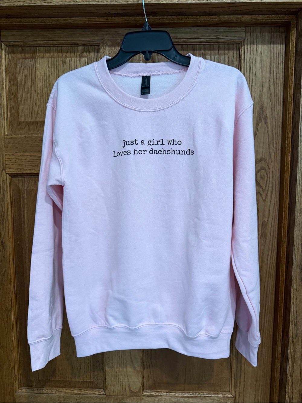 Gildan Light Pink Crewneck Sweatshirt with Dachshund Message Size Small